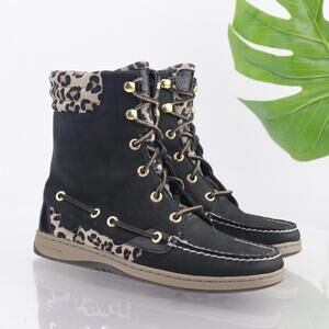 Sperry Womens Hikerfish Boot Size 6 Black Leather Leopard Lace Up Moc Toe Bootie